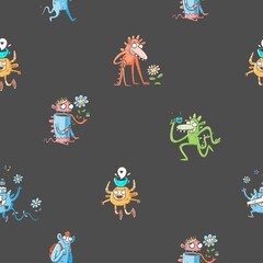 Fototapeta premium Seamless pattern with cute monsters and plants on gray background. Flowers and funny animals poster. Line art childish illustration. Doodle cartoon wallpaper.