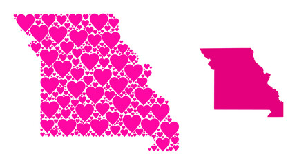 Love collage and solid map of Missouri State. Collage map of Missouri State is formed with pink love hearts. Vector flat illustration for marriage concept illustrations.