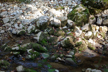 white stones covered with moss, at the bottom of the frame a flowing creek with blurry background, used as a background or texture, soft focus
