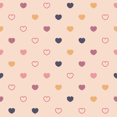 Endless seamless pattern of hearts of different colors, circles and dots. Orange red pink vector hearts on Beige. Wallpaper for wrapping paper. Background for Valentine's Day