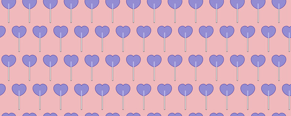 Endless seamless pattern of sweet candy hearts on a stick. Blue purple vector hearts on pink. Wallpaper for wrapping paper.