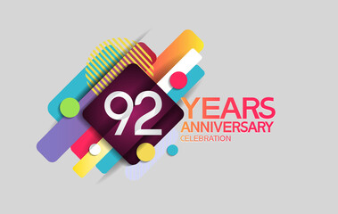 92 years anniversary colorful design with circle and square composition isolated on white background can be use for party, greeting card, invitation and celebration event