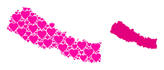 Love pattern and solid map of Nepal. Mosaic map of Nepal composed with pink lovely hearts. Vector flat illustration for love abstract illustrations.