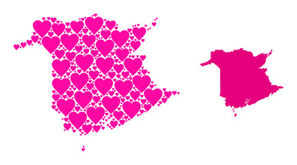 Love mosaic and solid map of New Brunswick Province. Mosaic map of New Brunswick Province is created with pink lovely hearts. Vector flat illustration for love conceptual illustrations.