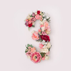 Number 3 made of real natural flowers and leaves. Flower font concept. Unique collection of letters and numbers. Spring, summer and valentines creative idea.