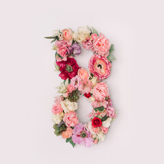 Number 8 made of real natural flowers and leaves. Flower font concept. Unique collection of letters and numbers. Spring, summer and valentines creative idea. - 411656327