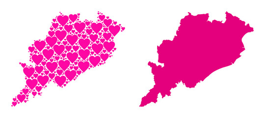 Love collage and solid map of Odisha State. Collage map of Odisha State formed with pink love hearts. Vector flat illustration for love conceptual illustrations.