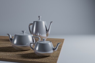 Isometric tea pot, camping objects and scenes, monochrome gray camping equipment and wooden plate on white background, 3D Rendering, hunting and camping