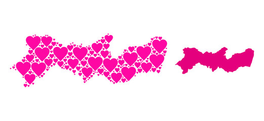 Love mosaic and solid map of Pernambuco State. Mosaic map of Pernambuco State is composed from pink love hearts. Vector flat illustration for love conceptual illustrations.