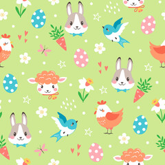 Vector seamless pattern of cute cartoon Easter bunny, chicken, eggs and lamb with spring floral elements on green background
