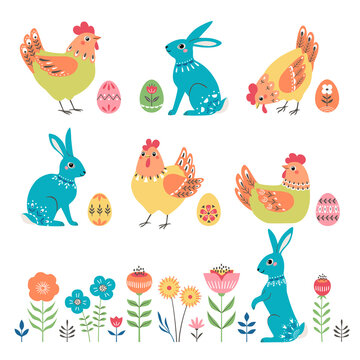 Set of ornate Easter rabbits, chickens, eggs and floral elements isolated on white background