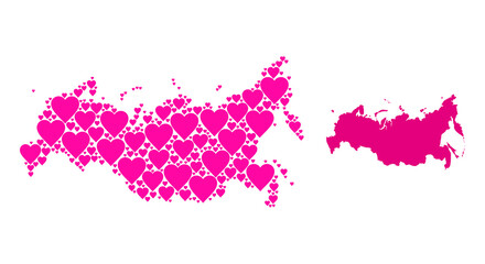 Love mosaic and solid map of Russia. Mosaic map of Russia is created with pink valentine hearts. Vector flat illustration for dating abstract illustrations.