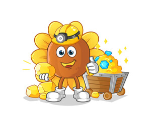 sun flower miner with gold character. cartoon mascot vector
