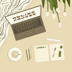 Spring concept on beige background. Open laptop, white tulips, plaid, notebook for summary notes, pen, pencil, marker and cup of coffee are on bed in the room. Online course and Lesson lettering