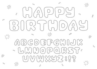 Black white Vector outline, cartoon, hand drawn, bold, isolated font for cards, product packaging, book covers, flyers, headings, quotes, logotypes. Happy birthday text is an example for coloring book