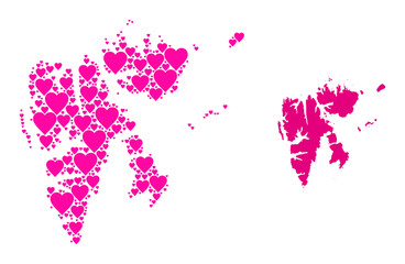 Love collage and solid map of Svalbard Islands. Collage map of Svalbard Islands formed with pink hearts. Vector flat illustration for love abstract illustrations.