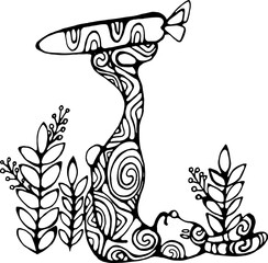 The rabbit is in a yoga pose with a carrot. Ornament with spirals.