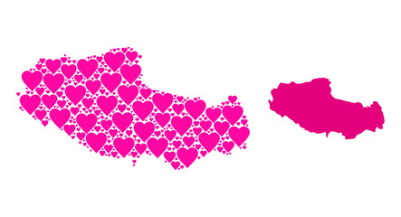 Love pattern and solid map of Tibet. Collage map of Tibet is created from pink lovely hearts. Vector flat illustration for love abstract illustrations.