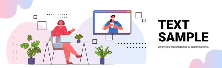 businesswoman discussing with female doctor during video call online medical consultation coronavirus quarantine self isolation concept horizontal copy space vector illustration