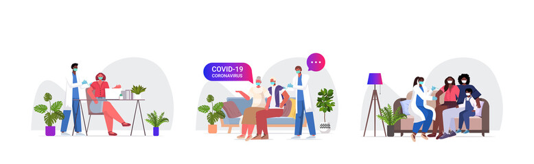 set mix race doctors in masks vaccinating patients to fight against coronavirus vaccine development medical immunization campaign concept full length horizontal vector illustration