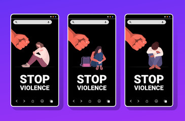 set fist over scared terrified woman stop family violence and aggression against women concept smartphone screens collection full length horizontal vector illustration