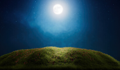 Beautiful full moon and grass background with sky full of starts. Product display