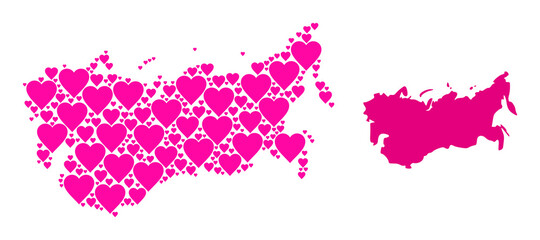Love collage and solid map of USSR. Collage map of USSR composed from pink lovely hearts. Vector flat illustration for love conceptual illustrations.