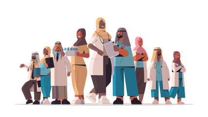 arabic team of medical professionals discussing during meeting arab doctors standing together medicine healthcare concept horizontal full length vector illustration