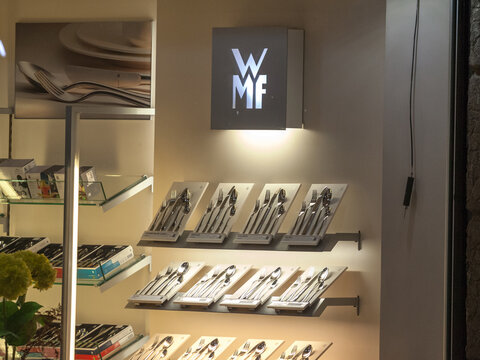 BELGRADE, SERBIA - OCTOBER 9, 2020: WMF logo in front of one of their retailers in Belgrade. WMF Group is a german tableware, kitchenware and cutlery manufacturer and seller.