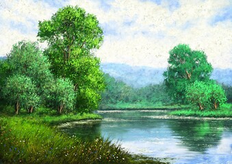 Oil paintings landscape with river. Fine art, tree on the water