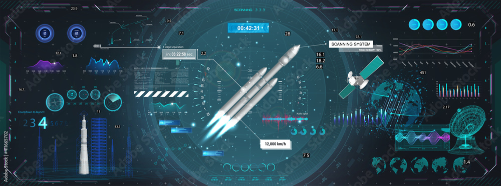 Poster Rocket launch and flight, dashboard, HUD style control center. Set of space elements for GUI, UI, UX and education App. Sci-fi 3D elements with HUD, UI interface. Cockpit dashboard graphic panel.
