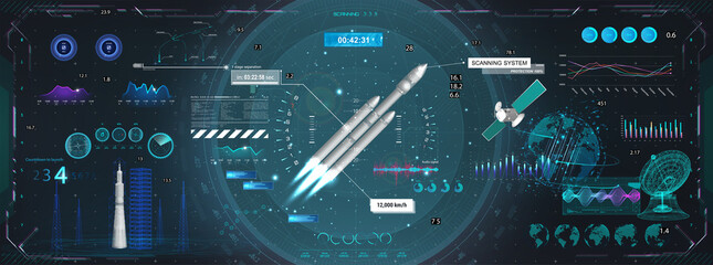 Rocket launch and flight, dashboard, HUD style control center. Set of space elements for GUI, UI, UX and education App. Sci-fi 3D elements with HUD, UI interface. Cockpit dashboard graphic panel. © SergeyBitos