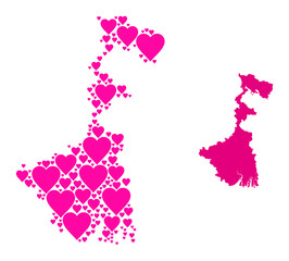 Love mosaic and solid map of West Bengal State. Mosaic map of West Bengal State formed with pink love hearts. Vector flat illustration for marriage concept illustrations.