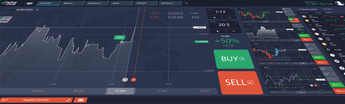Horizontal banner stock market or forex trading platform. Dashboard with online trading, investment, market monitoring and analysis and real-time data. Banner stock exchange and binary option. Vector