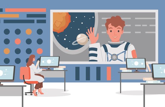Space flight control center vector flat illustration. Scientist woman in white robe talking on satellite link with an astronaut. Mission control, space flight, and expedition monitoring.