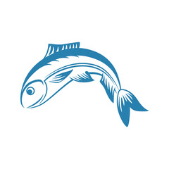 Blue fish vector line illustration isolated on white background. Fishing sport or fish store logotype element. Fresh fish icon. Sport hobby, summer fishing vacation on lake or sea.