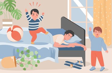 Young father lying in bed and trying to feel asleep, while his two little naughty sons crying and getting angry vector flat illustration. Parenting and fatherhood concept. Bedroom or interior design.
