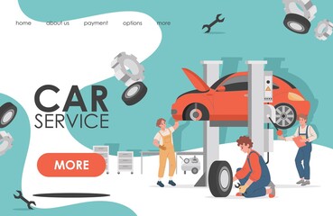 Car service landing page template with text space. Auto mechanics repair wheels, checking automobile problems vector flat illustration. Vehicle repair service website concept.