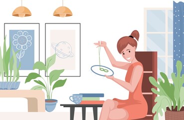 Smiling woman sitting in armchair with hoop and needle and sewing vector flat illustration. Female character embroidering on canvas in living room. Manual labor, needlework, craft hobby concept.