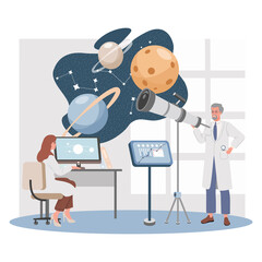 Scientists in white robes exploring space with computer technologies and telescope vector flat illustration. Happy man and woman in laboratory or planetarium looking at planets and stars.