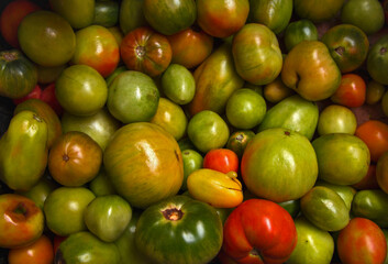 Variety of green and red tomatoes . Harvesting  ripe  zebra tomatoes