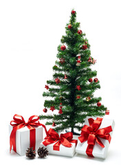 Fototapeta na wymiar Christmas Tree And Presents Against White Background
