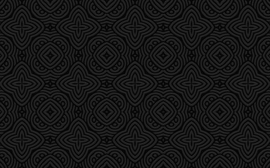A complex geometric volumetric convex 3D pattern for presentations, wallpapers. Ethnic embossed black background with stylized doodling flowers.