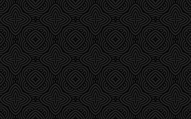 A complex geometric volumetric convex 3D pattern for presentations, wallpapers. Ethnic embossed black background with stylized doodling flowers.