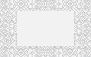 Geometric volumetric convex 3D frame for text. Ethnic embossed white doodling pattern.