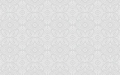 Fototapeta premium Complex geometric volumetric convex 3D pattern for wallpaper, presentations. Ethnic openwork embossed white background in oriental doodling style. 
