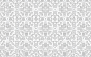 Decorative geometric volumetric convex 3D pattern for wallpaper, presentations. Ethnic embossed relief white background based on the peoples of Africa, Mexico, Aztecs.