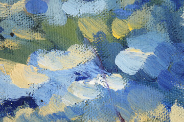 Blue yellow white abstract oil painting on canvas texture background. Snow winter or sky. Art creative brushstroke object for textile, card, wallpaper, wrapping, sketchbook, coloring book