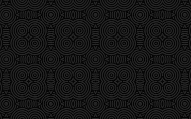 Decorative geometric volumetric convex 3D pattern for wallpaper. Ethnic African embossed black background.