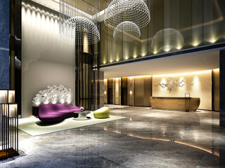 3d render of luxury hotel reception, lobby - obrazy, fototapety, plakaty